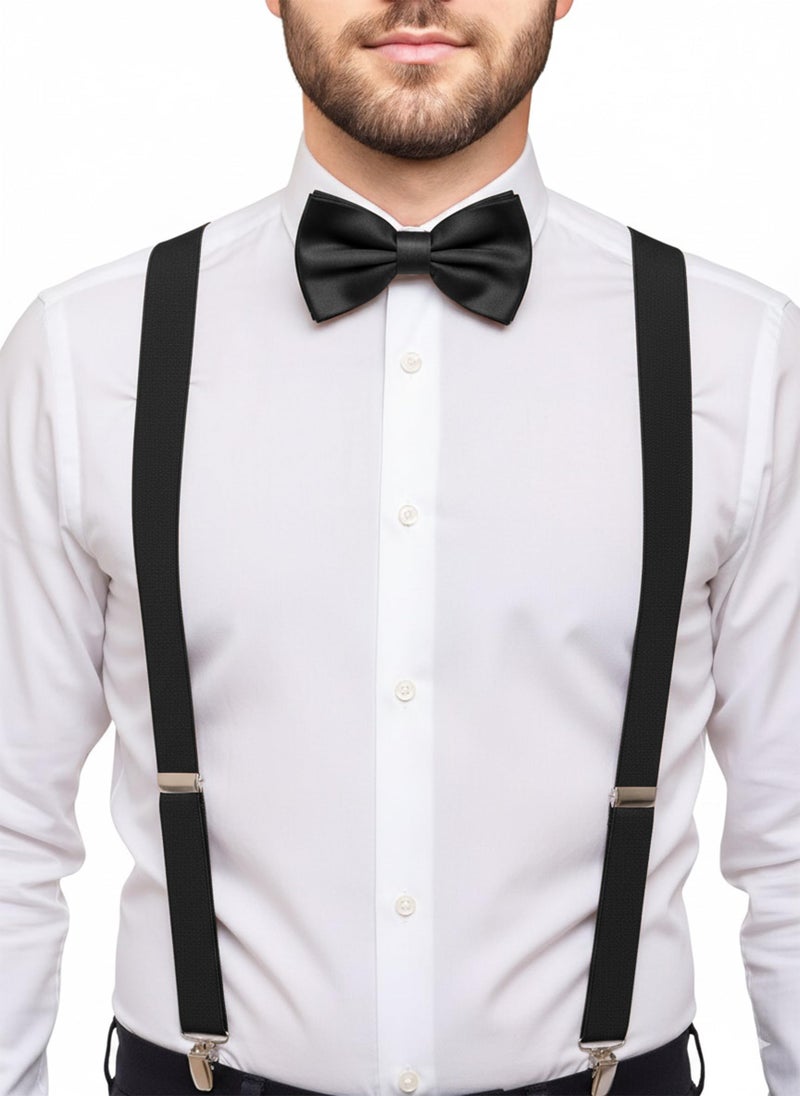 trilece Suspenders and Bow Tie Set for Men Women Boys - Adjustable Elastic Y Back Style Suspender with Bowtie - Black Set - Image 1